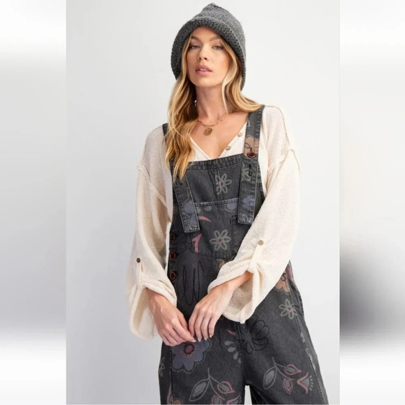 New! Easel Black Denim Washed Floral Overall Jumpsuit - Picture 2 of 6